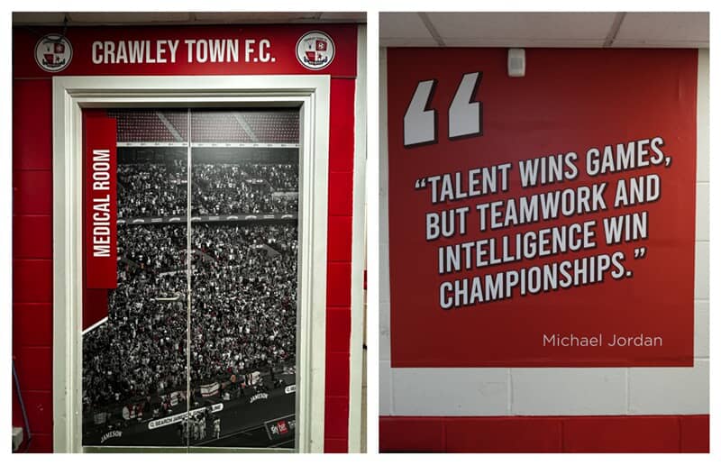 A collage of the interior wall and door graphics for the football club.